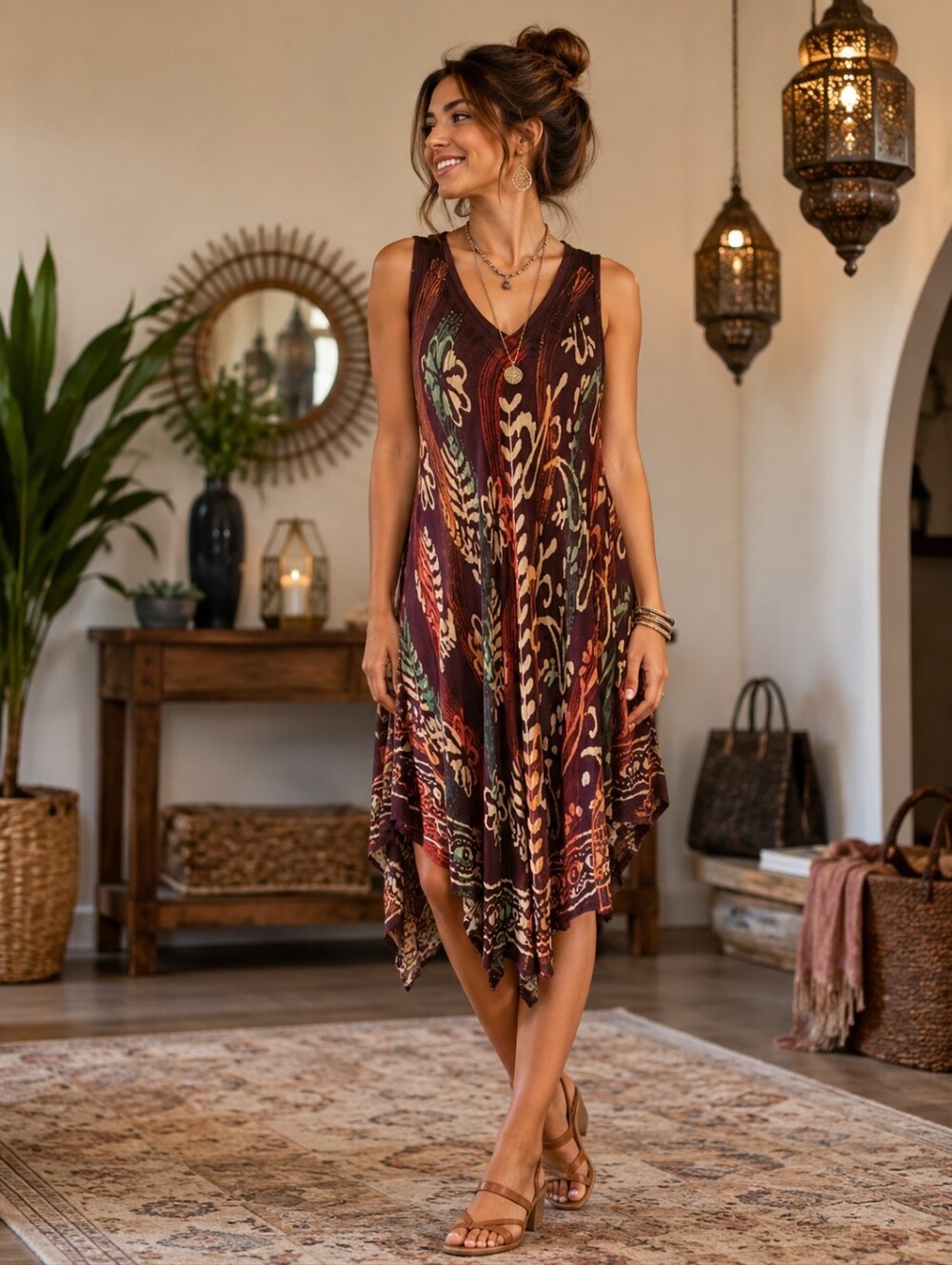 Pacific Batick Collection V Neck Dipped Hemline Sun Dress. One Size